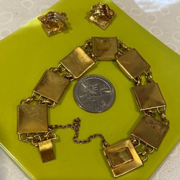 VTG Spanish Damascene Square Gold Link Bracelet and Earrings SET - Picture 10 of 10